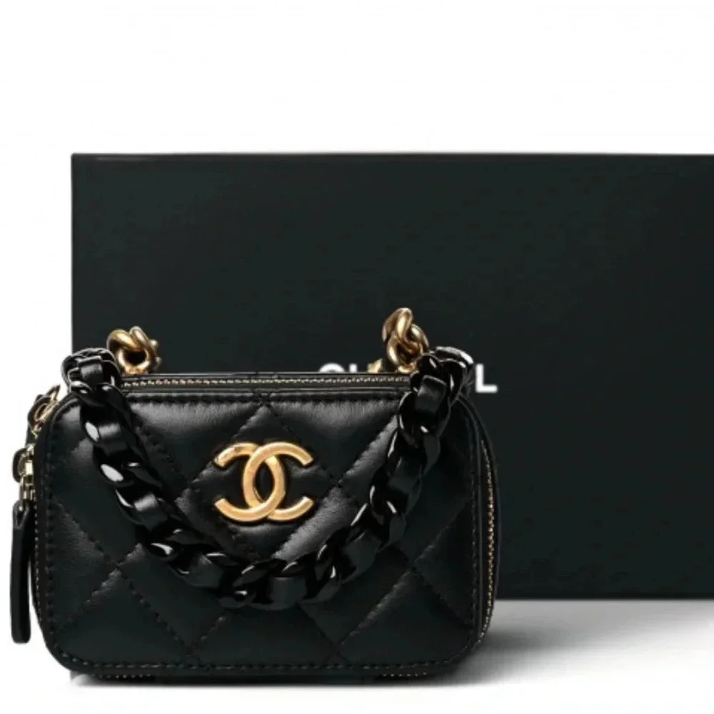 Chanel Black Quilted Mini Lacquered Chain Clutch in lambskin leather